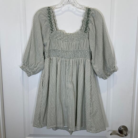 American Eagle Babydoll Striped Mini Dress Embroidered Green Puff Sleeve S - Picture 7 of 7